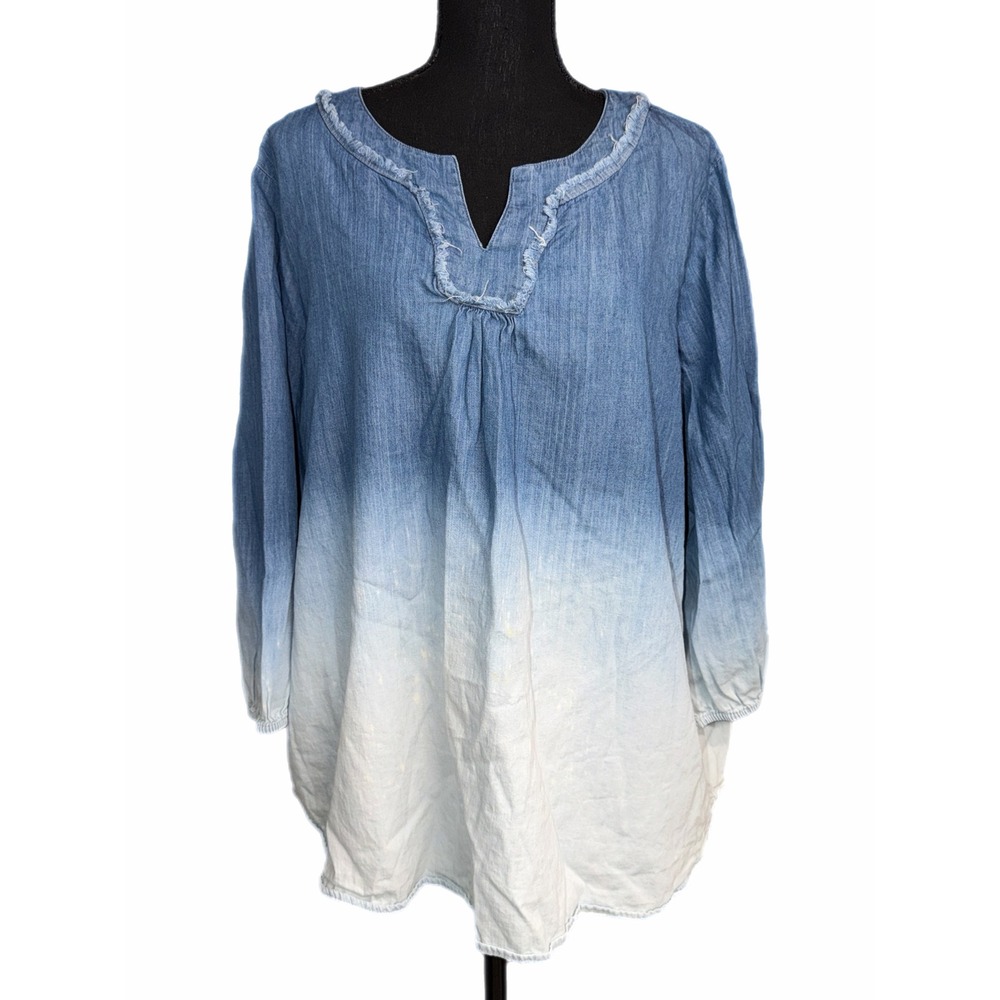 Ruby Rd Woman Blue Ombre Dip Dye Cotton Denim Tunic Top 1X Frayed Neck 44846